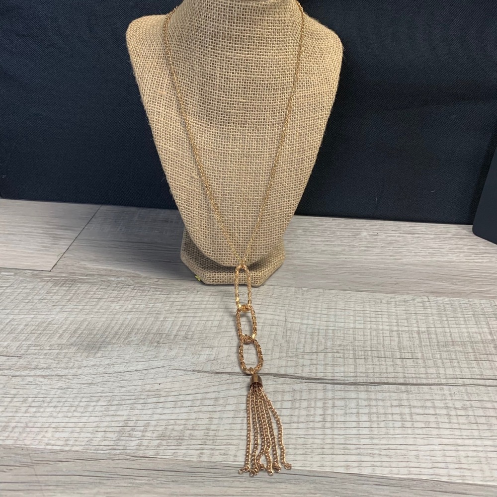 Gold Tone Long Tassel Pendant Necklace Textured Link Chain 22 Inch